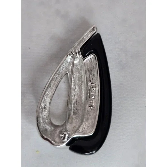 Napier Silver Tone Black Enamel Teardrop Modernist Brooch Sleek Minimalist #597 - Picture 4 of 8